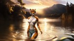 anthro black_markings breasts chest_tuft detailed detailed_background detailed_fur felid female fur hand_on_hip lake light looking_at_viewer mammal markings mountains nipples orange_body orange_fur outdoors outside pantherine pink_nipples pink_nose plant sky smiley solo standing striped_body striped_fur stripes sunlight tiger tree tuft water wet wet_body wet_fur whiskers white_body white_fur