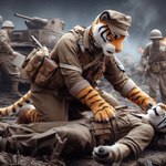 anthro belt black_stripes chevrons clothing death duo fur group gun leather leather_clothing male markings military military_uniform orange_body orange_fur pink_nose ranged_weapon rolled_up_sleeves sad striped_body striped_fur striped_markings striped_tail stripes tail_markings tank topwear uniform vehicle vest weapon wounded nikkolaus background_character felid mammal pantherine tiger