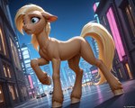 big_eyes blonde_hair city dutch_angle female feral hair long_hair neon_lights night pivoted_ears scared solo ivorymane equid equine horse mammal pony watermark