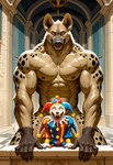 abs anthro biceps castle clothing crazy_eyes fool's_hat hat headgear headwear jester male muscular muscular_male sharp_teeth solo teasing teeth tongue vlrgromns hyaenid mammal absurd_res hi_res