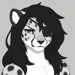 1_eye ambiguous_gender angry anthro black_hair eye_patch eyewear fur grey_body grey_fur hair long_hair looking_at_viewer purple_eyes simple_background solo spots spotted_body spotted_fur white_body white_fur magicraven cheetah felid feline mammal portrait
