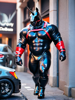 ambiguous_gender anthro armor bridle bulky_muscles clothing drone gauntlets gloves handwear harness hefty horn latex male muscular ponyrealism_(model) slave solo solo_focus ssurgul equid equine mammal unicorn hi_res