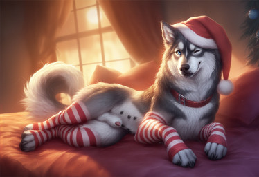 animal_genitalia animal_penis bed bedroom black_claws black_nipples blue_eyes canine_genitalia canine_penis christmas_clothing christmas_headwear christmas_ornament christmas_tree claws clothed clothed_feral clothing collar curtains_open evening evergreen_tree feral fur furniture genitals grey_body grey_fur hat headgear headwear legwear looking_at_viewer lying male multi_nipple nipples on_bed on_side one_eye_closed pattern_clothing pattern_legwear paws penis penis_tip plant santa_hat sheath smile solo stockings striped_clothing striped_legwear stripes sunset tree white_body white_fur window wink winking_at_viewer polar_(director) alaskan_malamute canid canine canis domestic_dog mammal nordic_sled_dog spitz