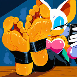 5_toes anthro bodily_fluids breasts cellphone cleavage clothed clothing eyeshadow feet female foot_focus fur gloves handwear holding_cellphone holding_object holding_phone makeup orange_body orange_skin phone simple_background sitting solo stirrups sweat toes video_games white_body white_fur anonymous_director sonic_the_hedgehog_(series) rouge_the_bat bat