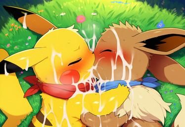 after_orgasm after_sex ascot blush bodily_fluids clothing cum cum_everywhere cum_in_mouth cum_inside cum_on_body cum_on_ear cum_on_face cum_on_ground cum_on_hand duo embrace excessive_cum excessive_genital_fluids eyes_closed female female/female feral genital_fluids grass hug kissing lying_on_side messy outside plant saliva snowballing sunny sweat tree stressedout nintendo pokemon eevee generation_1_pokemon pikachu pokemon_(species)