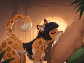 alternate_species anthro bangs black_hair blunt_bangs bodily_fluids breasts brown_eyes butt curvy_figure deep_throat duo ear_piercing ear_ring female fur furrification genitals hair human_on_anthro interspecies jewelry lips long_hair looking_at_another looking_at_partner male male_on_anthro medium_breasts nipples nude oral penis piercing pupils ring_piercing saliva side_view slit_pupils spots spotted_body spotted_fur wide_hips sagrael dreamworks the_road_to_el_dorado chel felid human jaguar mammal pantherine animated short_playtime webm