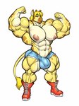 anthro areola balls_outline big_abs big_bulge big_muscles big_pecs big_quads biped blonde_hair boots bottomwear bulge clothed clothing cutoffs denim denim_clothing detailed_bulge fist flexing_both_biceps flowing_hair footwear front_view fur genital_outline hair horn huge_biceps huge_muscles kissing_biceps laced_boots male muscular muscular_thighs navel nipples ossicone pecs penis_outline pose raised_arm raised_fist red_boots red_clothing red_footwear shorts skimpy solo standing tight_clothing veiny_muscles yellow_body yellow_fur promptmeharderdaddy giraffe giraffid mammal colored digital_media_(artwork)