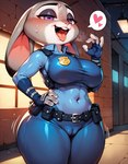 <3 anthro big_breasts breasts camel_toe clothing disney ears_down female gesture pivoted_ears police_uniform solo suggestive suggestive_gesture tongue tongue_out uniform unknown_director zootopia judy_hopps lagomorph leporid mammal rabbit hi_res