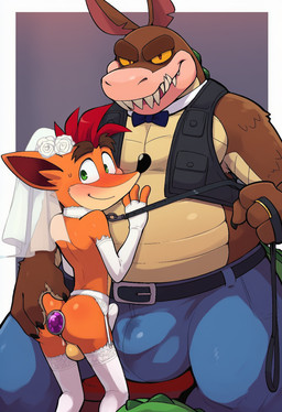 anthro blush bulge butt buttplug duo leash male male/male plug_(sex_toy) sex_toy spread_butt spreading wedding_lingerie wedding_veil activision crash_bandicoot_(series) crash_bandicoot dingodile bandicoot canid canine canis dingo hybrid mammal marsupial hi_res