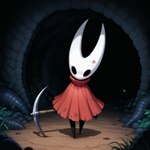 anthro black_eyes cave clothing detailed_background female horn pickaxe solo anonymous_director hollow_knight hornet_(hollow_knight)