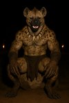 anthro armor bottomwear claws clothing digitigrade dirty_fur jewelry loincloth looking_at_viewer male muscular muscular_anthro muscular_male necklace night nipples outside paws pecs photorealism photorealistic rock shirtless sitting solo spread_legs spreading teeth tongue torch vambraces delken gnoll hyaenid mammal spotted_hyena hi_res
