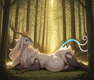 celesdir chest_tuft female feral forest laying_down lying on_side plant pregnant pregnant_female pregnant_feral quadruped solo tree tuft unknown_director palworld cervid mammal pal_(species) hi_res