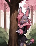 anthro black_clothing black_dress blush clothing colored_nails dress female fur hiding nails pink_body pink_fur plant tree white_nails yellow_eyes tarklanse palworld nyafia_(pal) pal_(species)
