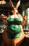 anthro apron apron_only big_breasts breasts cake_slice carrot chubby_female clothing female food looking_at_viewer mostly_nude plant solo thick_thighs vegetable wide_hips redstallion_(director) lagomorph leporid mammal rabbit hi_res