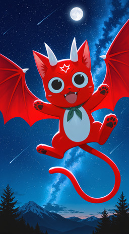 2_horns 4_toes belly big_ears black_eyes black_pawpads fangs feet flying fur green_scarf horn long_tail male membrane_(anatomy) membranous_wings moon mountains night open_mouth open_smile outside pawpads pink_cheek plant red_body red_fur scarf shooting_star smile smiling_at_viewer solo spikes spread_wings star symbol teeth toes tree whiskers white_belly wings yiff_ai_(director) fairy_tail happy_the_red demon domestic_cat exceed felid feline felis mammal absurd_res hi_res