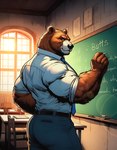 5_fingers anthro backlighting bedroom_eyes belt biceps big_biceps big_deltoids big_forearm_muscles big_muscles big_triceps biped black_belt black_nose black_pupils blue_bottomwear blue_clothing blue_eyes blue_necktie blue_pants bottomwear broad_shoulders brown_body brown_ears brown_fur butt chair chalk chalkboard classroom closed_smile clothed clothed_anthro clothed_male clothing collared_shirt dall-e_3 day deltoids detailed_background fingers forearm_muscles fur furniture huge_biceps huge_deltoids huge_forearm_muscles huge_muscles huge_triceps humanoid_hands inside lens_flare light light_body light_fur looking_aside looking_at_viewer looking_back male manly mature_anthro mature_male mouth_closed multicolored_body multicolored_fur muscular muscular_anthro muscular_arms muscular_male narrowed_eyes necktie pants pose pupils rolled_up_sleeves round_ears school seductive shadow shirt side_view smile smiling_at_viewer smirk smirking_at_viewer snout solo standing sun sunlight table teacher text thick_neck topwear triceps two_tone_body two_tone_fur white_clothing white_collared_shirt white_shirt white_topwear window zenithwolf brown_bear grizzly_bear mammal ursid ursine 7:9 digital_drawing_(artwork) digital_media_(artwork) english_text hatching_(art) hi_res lighting portrait shaded three-quarter_portrait warm_colors