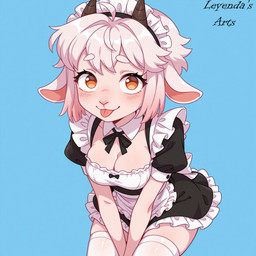 anthro blue_background clothing eiko_(vkontakte) female legwear looking_at_viewer maid_headdress maid_uniform orange_eyes simple_background smile solo stockings tongue tongue_out uniform white_clothing white_legwear white_stockings leyendas_arts vkontakte bovid caprine goat mammal hi_res
