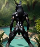 anthro anubian_jackal anubis balls black_body butt canid canine canis deity egyptian_mythology genitals gold_(metal) gold_jewelry hair hi_res jackal jewelry long_ears long_hair male mammal solo teasing water wet wet_body