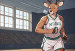 anthro antlers basketball basketball_court basketball_uniform big_breasts blush bodily_fluids bouncing_breasts breasts breath clothing female horn solo sportswear sweat sweaty uniform otteranon cervid cervine mammal hi_res