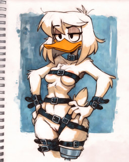 anthro belt belt_bra belt_buckle belt_only female mature_female mostly_nude prosthetic prosthetic_leg prosthetic_limb skindentation solo arantonak della_duck anatid anseriform avian bird duck hi_res