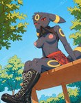 anthro bench big_breasts black_body black_fur blush boots bottomwear breasts city cityscape clothed clothing clothing_lift cloudscape detailed_background ears_down exposed_breasts female footwear fur highlights_(coloring) laced_boots looking_at_viewer low-angle_view motion_lines navel nipples outside park pattern_bottomwear pattern_clothing pattern_skirt pink_nipples pivoted_ears plaid plaid_bottomwear plaid_clothing plaid_skirt plant presenting presenting_breasts red_eyes skinny skirt sky smug snaggle_tooth solo sweater tail topwear tree turtleneck swiffer nintendo pokemon eeveelution generation_2_pokemon mammal pokemon_(species) umbreon hi_res