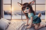 aisha anthro bed bedroom brown_hair cervid cub female furniture hair hi_res hooves kneeling long_hair looking_at_viewer mammal solo sunrise teal_eyes venison venisoncreampie wavy_hair young