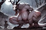 anthro bodily_fluids bone breasts claws clitoris crouching drooling erect_nipples female genital_fluids genitals grey_body horn looking_at_viewer moon night nipples open_mouth outside pussy pussy_juice red_eyes saliva skull skull_head solo tongue tongue_out onyx_tyru demon monster wendigo uncensored