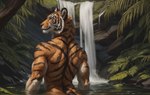 absurd_res ambiguous_gender anthro back_muscles bathing blue_eyes casual_nudity cheek_tuft degenstoic detailed detailed_background detailed_fur facial_tuft felid fluffy fur half-length_portrait hi_res jungle looking_back mammal muscular nude pantherine plant portrait rear_view river smile solo striped_body striped_fur stripes tiger tuft water waterfall whiskers