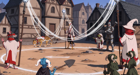 anthro armor arms_crossed arrow_sign beard blindfold blue_body blue_eyes blue_scales bottomless casual_exposure casual_nudity clothed clothing detailed_background elderly_male facial_hair fantasy feathers featureless_chest female female_anthro female_human feral fur genitals gesture green_body green_scales grey_beard grey_body grey_fur group hammer hat headgear headwear helmet holding_object horizontal_pupils horn magic magic_circle magic_user male male_human medieval nude open_mouth outside pointing pupils pussy ritual robe runes scales shovel size_difference text tools town white_body white_feathers white_horn wizard_hat terraraptor world_of_midria accipitriform amphibian avian bird felid frog human jaguar kobold mammal murid murine pantherine rat rodent scalie secretary_bird director_name english_text hi_res