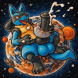 animal_genitalia animal_penis anthro balls big_balls black_penis bodily_fluids cum equine_penis genital_fluids genitals knot macro male penis planet_destruction planet_penetrated solo space thedavid nintendo pokemon generation_4_pokemon lucario pokemon_(species) hi_res