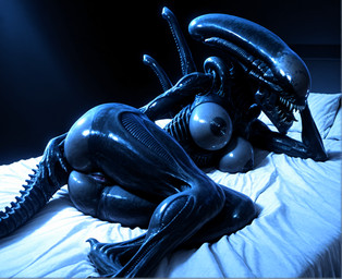 anthro anus bed black_body black_nipples black_skin breasts butt female furniture genitals glistening glistening_body lying nipples on_bed on_side photorealism pussy sharp_teeth solo tail teeth tongue purrfectlyai alien xenomorph absurd_res hi_res