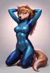 amber_eyes anthro brown_body brown_fur brown_hair clothing cosplay crossover crossover_cosplay female fur hair hands_behind_head looking_at_viewer on_knees skinsuit solo tight_clothing zero_suit tomwa alpha_and_omega metroid nintendo kate_(alpha_and_omega) samus_aran canid canine canis mammal wolf hi_res