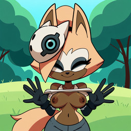 anthro breasts brown_body brown_fur clothed clothing clothing_lift exposed_breasts eyes_closed female fluffy fluffy_tail fur plant shirt shirt_lift smile solo tan_body tan_fur topwear tree anonymous_director whisper_the_wolf canid canine canis mammal wolf