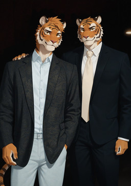 anthro blazer bottomwear business_suit clothed clothing denim denim_clothing duo jeans looking_at_viewer male pants shirt simple_background suit topwear stripedwatermelon felid mammal pantherine tiger hi_res meme