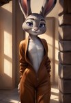 anthro breasts clothed clothing ears_up exposed_breasts female flat_chested hands_behind_back inside jumpsuit looking_at_viewer nipples open_clothing open_topwear presenting presenting_breasts prison_uniform smile solo topwear zipper zootopia wolf552906 judy_hopps lagomorph leporid mammal rabbit absurd_res hi_res