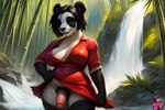 anthro bamboo black_body black_fur black_hair breasts clothing dress fur genitals gynomorph hair humanoid_genitalia humanoid_penis intersex outdoors penis pubes red_clothing red_dress solo solo_focus trans_(lore) waterfall white_body white_fur rxmurloc giant_panda mammal ursid hi_res