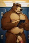 anthro balls black_nose brown_body brown_fur cellphone chest_tuft countershading fur genitals holding_cellphone holding_object holding_phone holding_smartphone humanoid_genitalia humanoid_penis locker_room male navel nipples pecs penis phone pubes smartphone solo tuft vein veiny_penis kudzu mammal ursid absurd_res hi_res