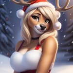 anatomically_correct anthro bedroom_eyes blond_hair brown_body brown_fur christmas_clothing christmas_headwear chubby_female clothing crop_top eyelashes female front_view fur hands hat headgear headwear narrowed_eyes orange_eyes santa_hat seductive shirt smile smiling_at_viewer snow solo topwear yiff_ai cervid mammal