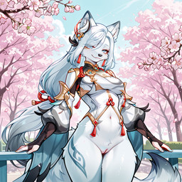 anthro bottomless cherry_blossom cherry_blossom_tree cherry_tree clothed clothing female fruit_tree genitals leg_tattoo looking_at_viewer plant pussy solo standing tattoo tree denis0k canid canine canis mammal wolf