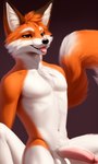 anthro balls black_nose black_pupils canid canine dark dark_background darkness ears_up erection eyebrows fox fur genitals humanoid_genitalia humanoid_penis looking_at_viewer male mammal navel nose nude penis pupils seductive simple_background sitting smu000 solo tail tongue tongue_out white_body white_fur