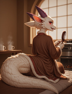 anthro bathrobe brush brushing clothed clothing container cup detailed_background female fingers fluffy fur furniture holding_object horn inside looking_at_viewer looking_back looking_back_at_viewer mythology open_mouth red_eyes robe sitting smile solo steam tail teeth tongue tuft white_body white_fur window fluffscaler hymonie_fluffscale(fluffscaler) dragon furred_dragon furred_kobold furred_scalie kobold mythological_creature mythological_scalie scalie hi_res