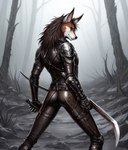 anthro armor brown_hair butt canid canine clothing fog forest hair hi_res leather leather_clothing male mammal maned_wolf melee_weapon plant solo sword tight_clothing tree weapon