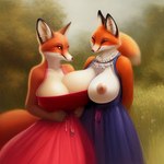 anthro areola black_body black_fur blue_clothing breasts canid canine cleavage clothed clothing conjoined conjoined_twins crossed_arms duo eyes_closed female female/female fox fur inner_ear_fluff looking_aside mammal orange_body orange_fur red_clothing shared_boob tuft unknown_director white_body white_fur