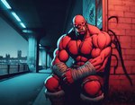 5_fingers abs arm_on_knee arm_wraps bald belt biceps big_abs big_biceps big_deltoids big_forearm_muscles big_muscles big_pecs big_trapezius big_triceps biped boots bottomwear bridge broad_shoulders building clothed clothing dall-e_3 deltoids detailed_background ear_piercing ear_ring empty_eyes fingers footwear forearm_muscles front_view glowing glowing_eyes graffiti humanoid_hands humanoid_pointy_ears jewelry light looking_at_viewer male manly mature_humanoid mature_male monotone_body monotone_skin muscular muscular_arms muscular_humanoid muscular_male necklace night nipples outside pecs piercing pillar pose red_body red_ears red_nipples red_skin ring_piercing sharp_teeth shorts sitting sky skyline solo street_lamp teeth thick_neck topless topless_humanoid topless_male torn_bottomwear torn_clothing torn_shorts trapezius triceps tusks wall_(structure) wraps wrist_wraps zenithwolf humanoid ogre orc 9:7 digital_drawing_(artwork) digital_media_(artwork) hi_res lighting portrait shaded story story_in_description three-quarter_portrait