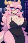 absurd_res anthro big_breasts black_clothing black_dress blue_eyes breasts chesapeake city city_background city_skyline cleavage clothed clothing countershading curled_hair curvy_figure dragon dress elizabeth_(chesapeake) eyewear female fully_clothed glasses hair hi_res huge_breasts long_hair looking_at_viewer night pink_hair seductive slightly_chubby solo trans_(lore) trans_woman_(lore) voluptuous