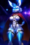 abs absurd_res anthro athletic breasts cape clothing detailed detailed_background female fur genitals hair harness hi_res lagomorph leporid mammal nipples nude pussy rabbit shroomie smile solo space thick_thighs