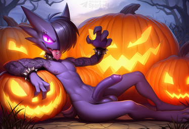 4_fingers abs anthro athletic athletic_anthro athletic_male balls big_penis biped claws collar erection eyebrow_piercing facial_piercing fingers food foreskin fruit genitals glans glowing glowing_eyes hair hair_over_eye halloween holidays humanoid_genitalia humanoid_penis jack-o'-lantern jewelry looking_at_viewer male male_anthro night nipples nude one_eye_obstructed open_mouth outside penis piercing plant pumpkin punk purple_body purple_eyes solo spiked_collar spiked_wristband spiked_wristwear spikes tattoo telegram telegram_logo text tongue tongue_out tongue_piercing tree wristband sergalbutt halloween_2025 nintendo pokemon hunter_(sergalbutt) generation_1_pokemon haunter pokemon_(species) director_name signature url