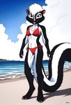 anthro beach bikini black_body black_fur blue_sky breasts brown_eyes claws cleavage clothed clothing cloud female fur hair looking_at_viewer markings multicolored_body multicolored_fur open_mouth pink_nose raised_tail red_clothing sand seaside sky smile solo standing striped_body striped_fur striped_markings striped_tail stripes swimwear tail_markings tongue tongue_out two_tone_body two_tone_fur water white_body white_fur white_hair sniffeh onyx_(jmh) mammal mephitid skunk absurd_res hi_res