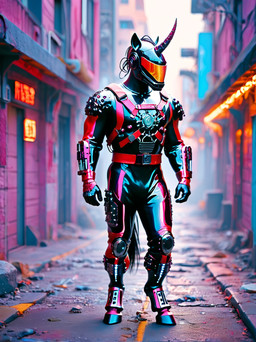 ambiguous_gender anthro armor cyberpunk drone futuristic futuristic_armor futuristic_city harness headgear helmet horn hypnosis latex male mind_control neon rubber_skin solo solo_focus ssurgul street visor equid equine mammal unicorn hi_res