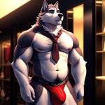 absurd_res anthro body_hair bulge canid canine canis chest_hair clothing hi_res male mammal necktie nipples pecs public pup_tobey solo store underwear wolf